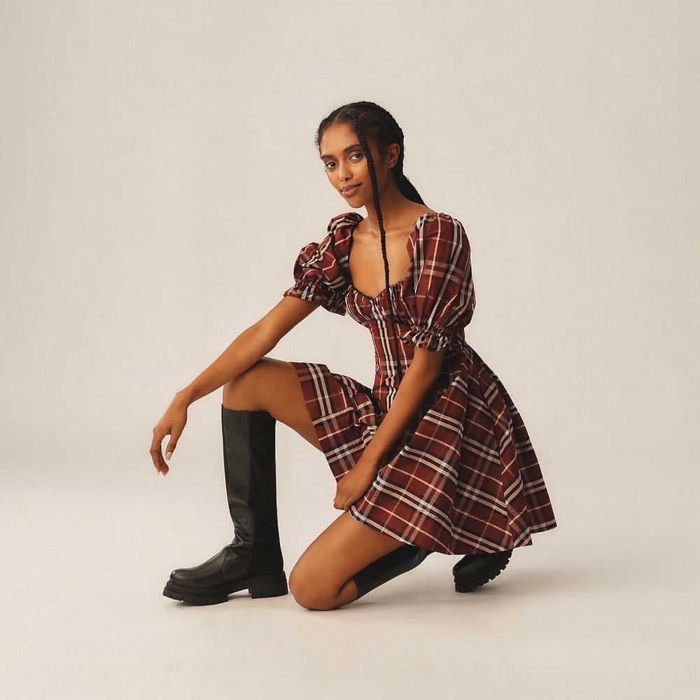 Anthropologie Maeve Red Tartan Plaid Puff Sleeve Mini Dress S OB2080843 - Picture 1 of 10